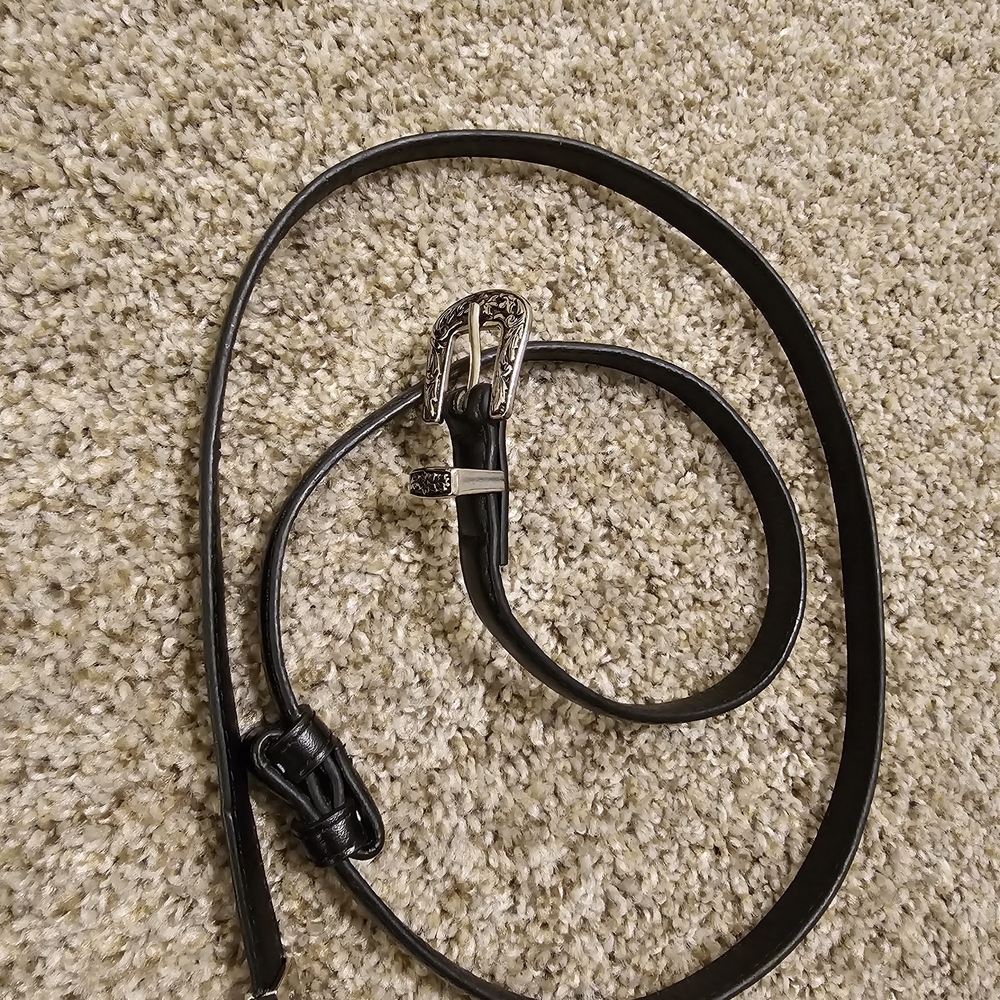 Black Leather Skinny Belt with Silver Buckle